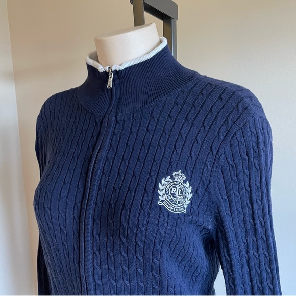 Ralph Lauren Crest Zip Up Sweater Cable Knit Navy Blue Preppy Acadamia Prep - Picture 3 of 9